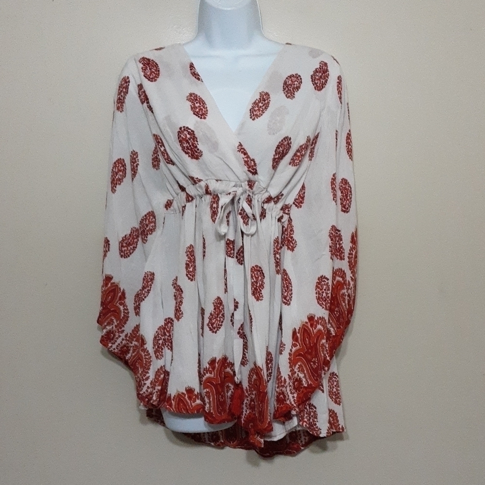 Angie women blouse pull on waist tie ruffle floral casual bohemian S Beach